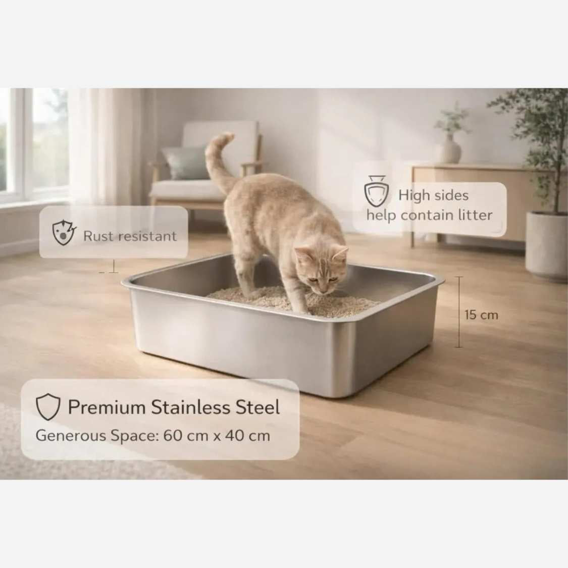 Stainless Steel Cat Litter Box | Large Open Tray For Cat