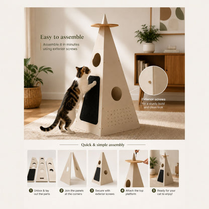 Wooden Cat Tower | Modern Cat Tree with Scratcher & Hideout