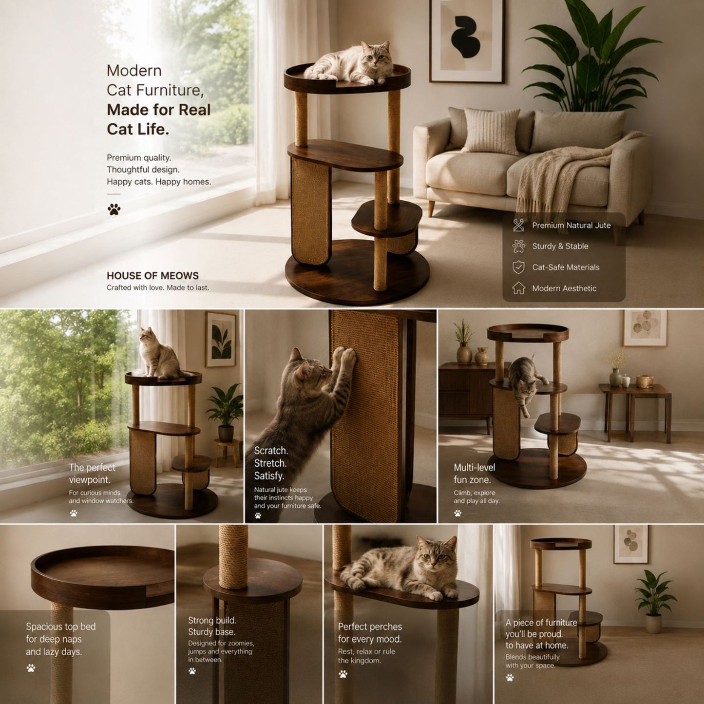PurrVista Premium Wooden Cat Tree for Large Cats | Multi-Level Cat Furniture with Sisal Jute Scratcher