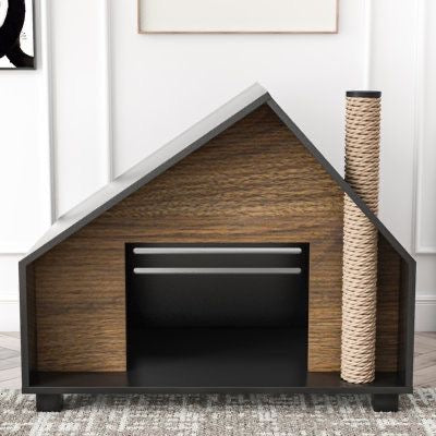 Wooden Cat House With Cozy Condo & Hideaway Bed For Indoor Cats