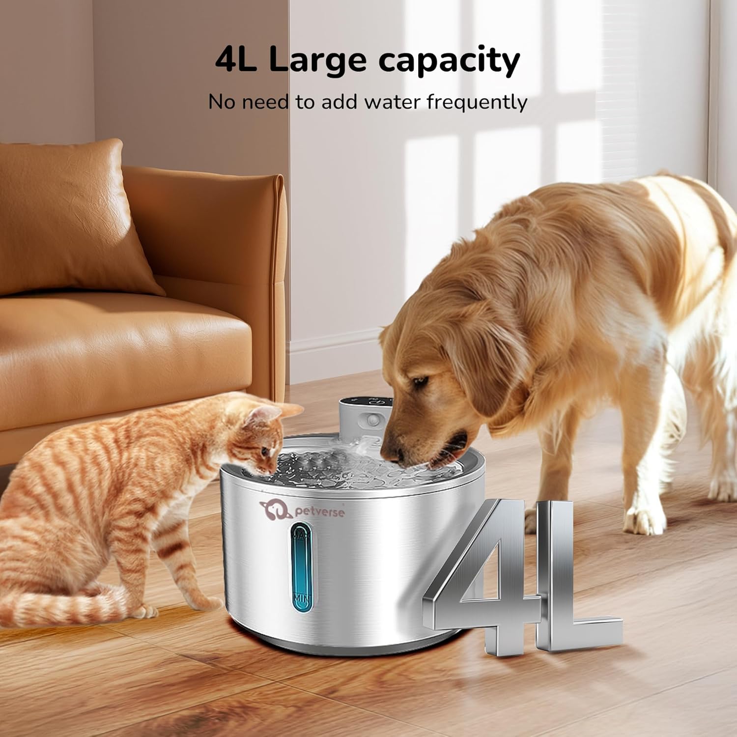 4L large capacity stainless steel automatic pet water fountain infographic with a dog and cat drinking.