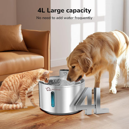 4L large capacity stainless steel automatic pet water fountain infographic with a dog and cat drinking.