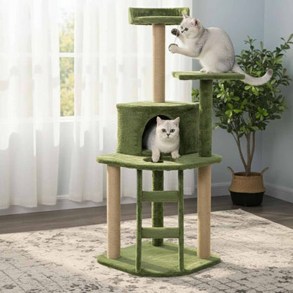 Multi-Level Cat Tree Tower | Green Plush Condo with Jute Posts & Perches