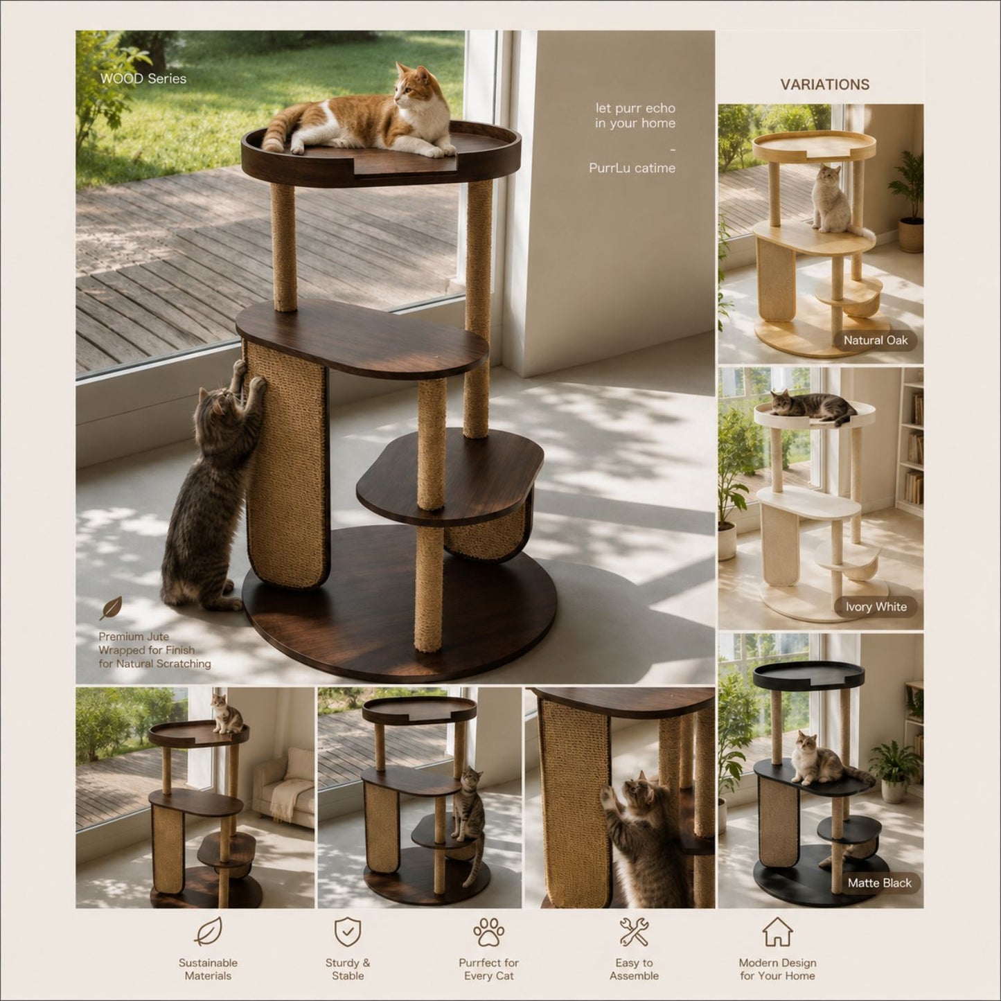 PurrVista Premium Wooden Cat Tree for Large Cats | Multi-Level Cat Furniture with Sisal Jute Scratcher