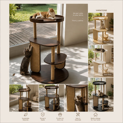 PurrVista Premium Wooden Cat Tree for Large Cats | Multi-Level Cat Furniture with Sisal Jute Scratcher