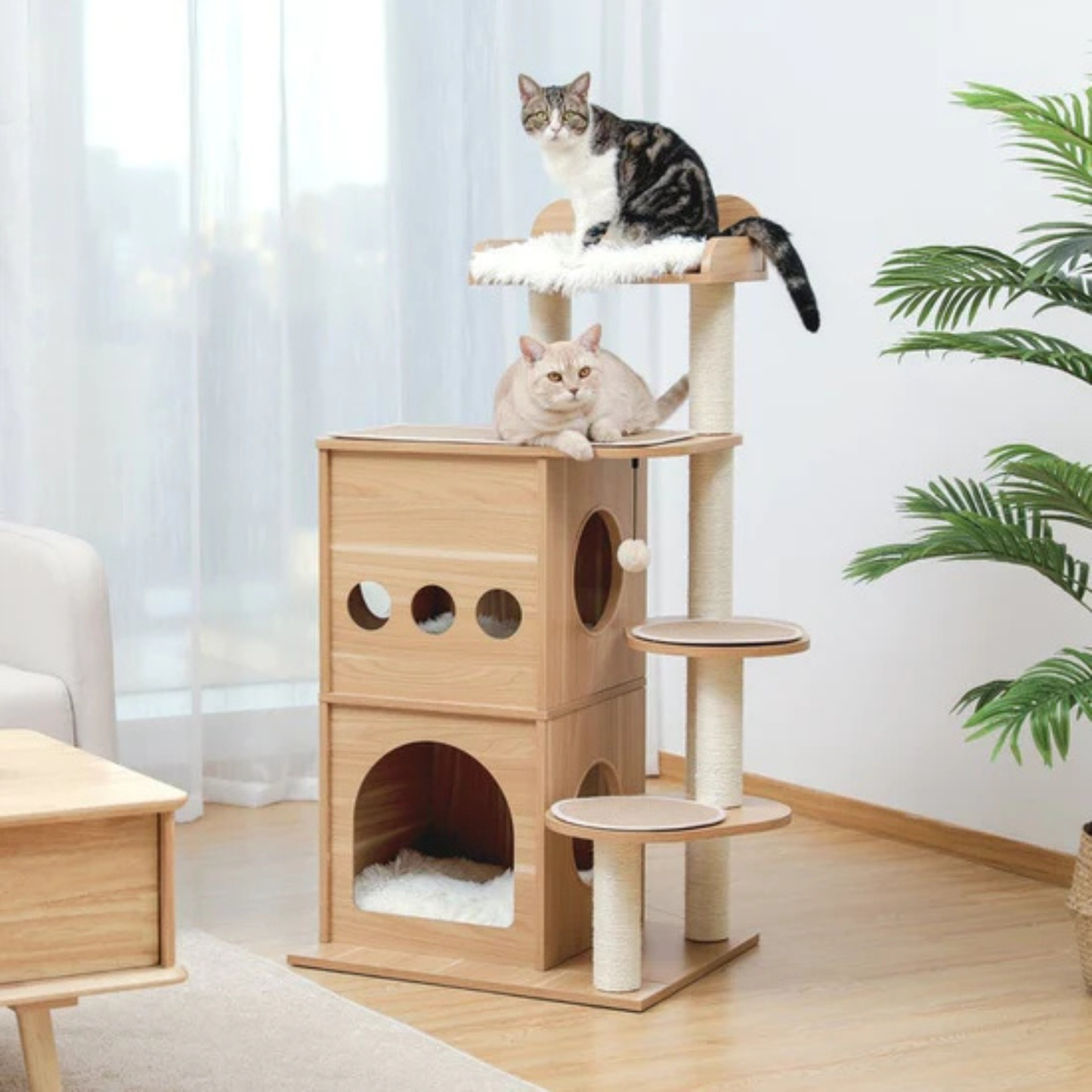 Wooden Multi-Level Cat Tower Scratching Posts and Perches for Indoor Cats