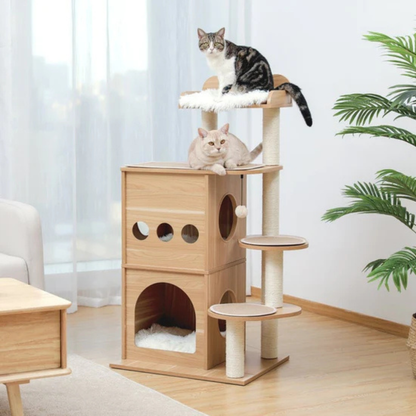 Wooden Multi-Level Cat Tower Scratching Posts and Perches for Indoor Cats