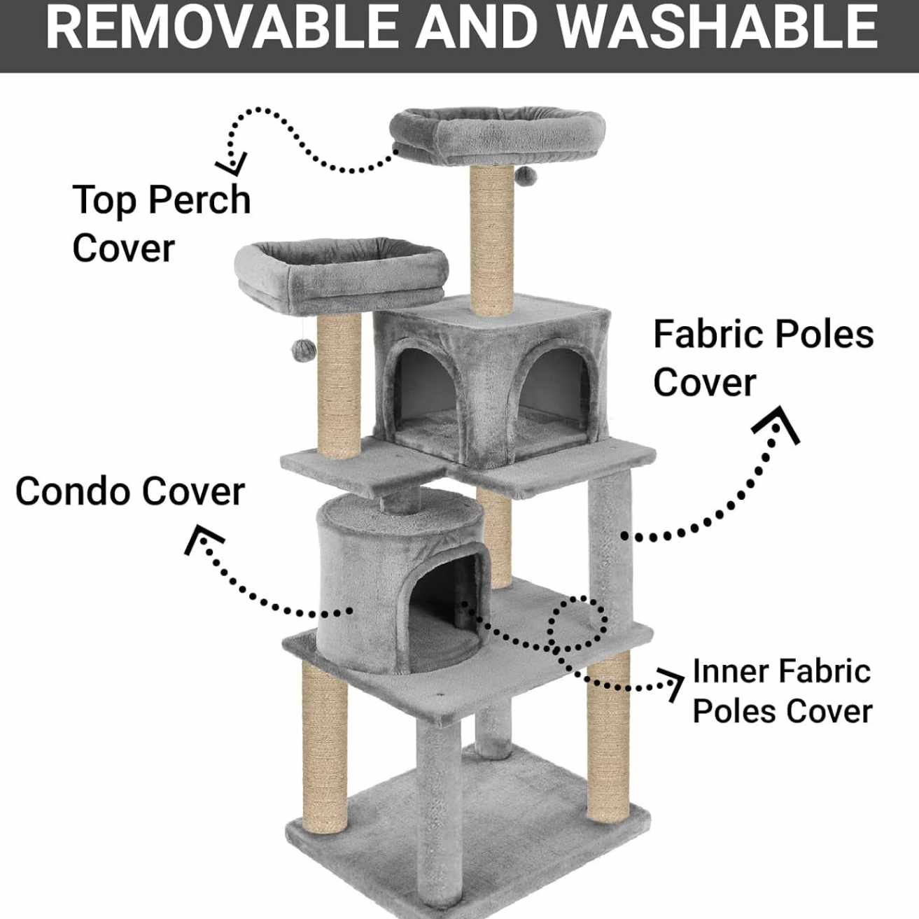 Multistory Fur Fabric Cat Tree for Kittens | 57 Inch (FURR-55)