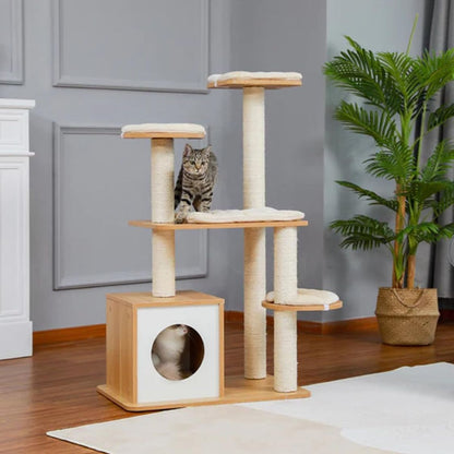 Modern Wooden Cat Tree Tower for Indoor Cats with Scratching Posts & Cat Condo
