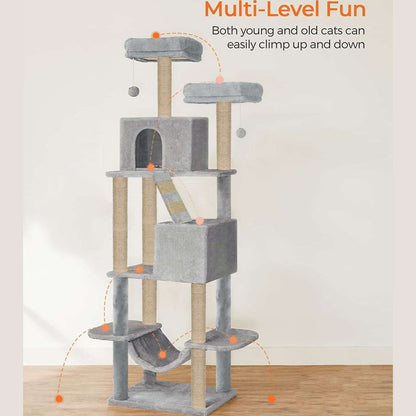 Multistory Kitten Large Cat Tree | Fur Fabric | Hammock | Hanging Balls | Condo | Ladder | Scratching Posts | Sisal/Jute Rope (Height 76 Inch)