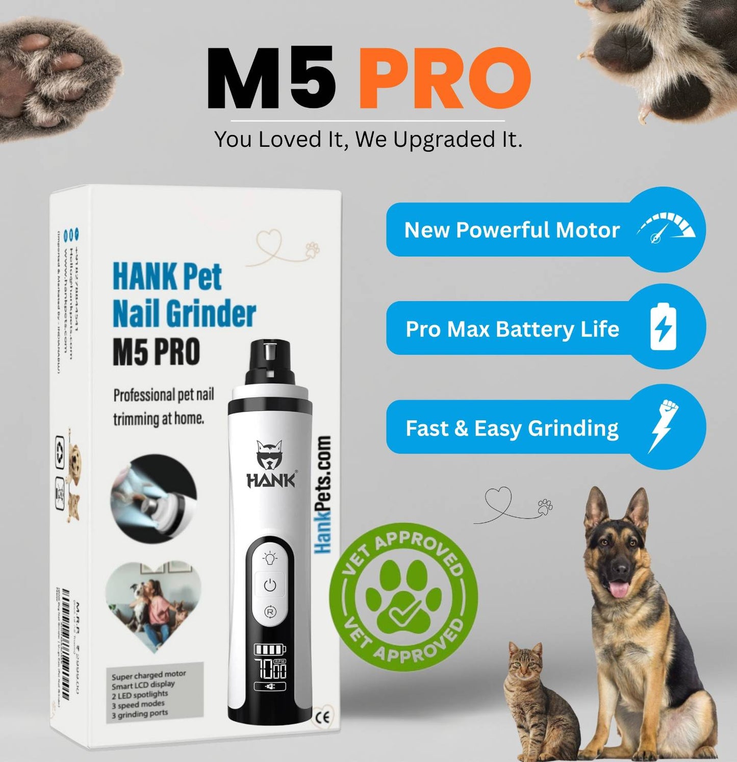 HANK Pet Nail Grinder With LED Light Design | Suitable for Large to Small Pets (M5 Pro)
