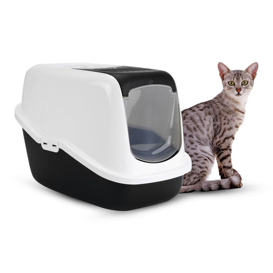 Nestor Enclosed Cat Toilet Home | Hooded Litter Box with Odor Control & Anti Scatter Design (Black & White)