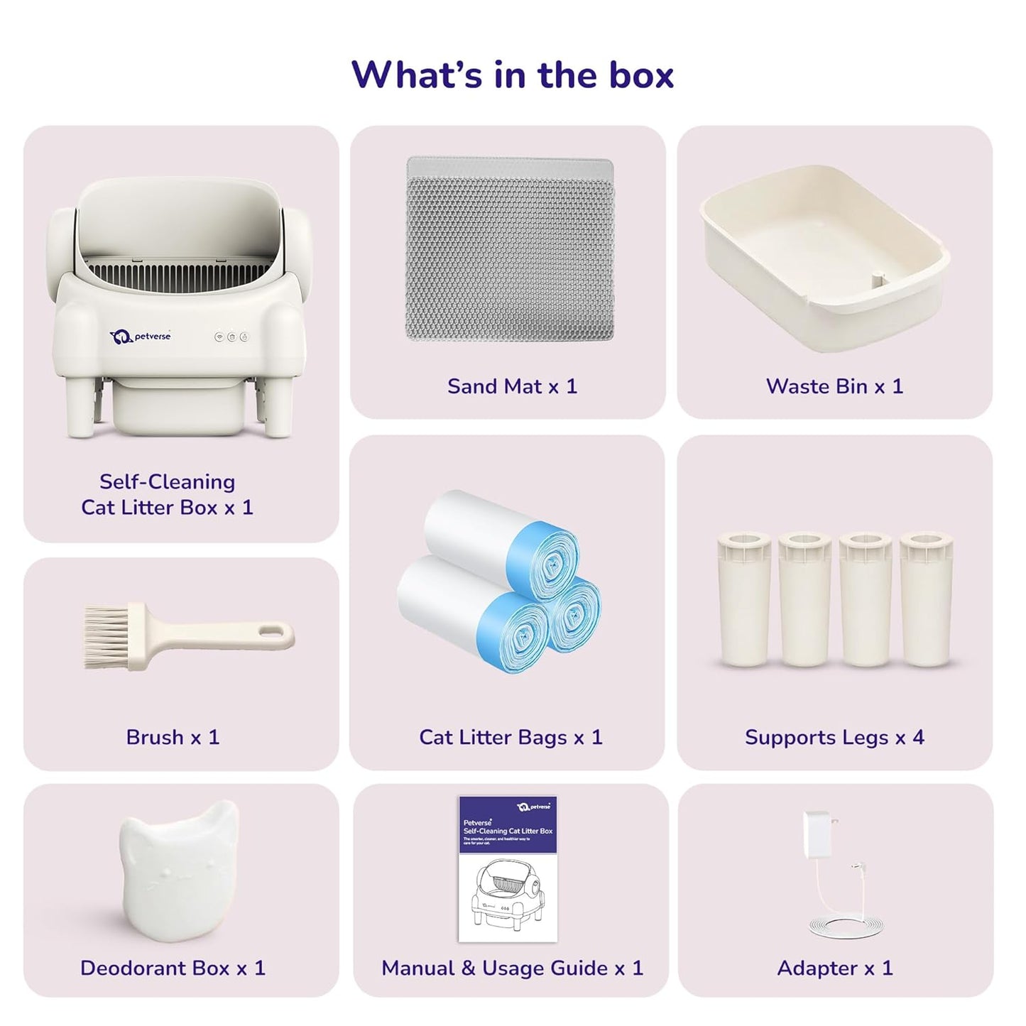 Petverse automatic self-cleaning cat litter box packaging contents infographic showcasing all included accessories and parts.