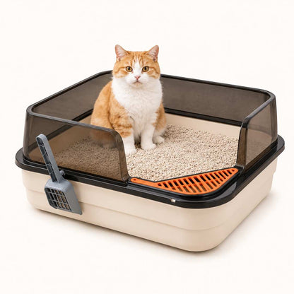 Large Cat Litter Box | High Wall Anti-Scatter Tray with Scoop