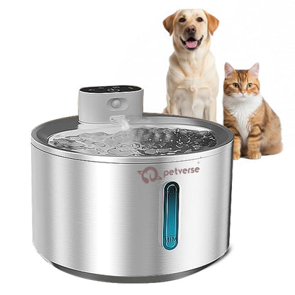 Stainless steel automatic pet water dispenser with a golden retriever and a tabby cat.