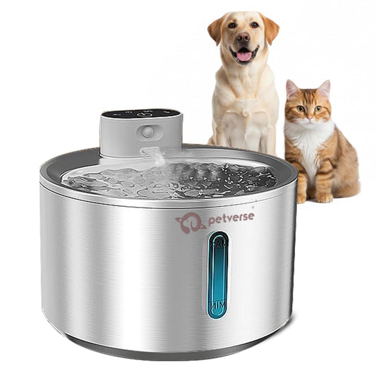 Stainless steel automatic pet water dispenser with a golden retriever and a tabby cat.