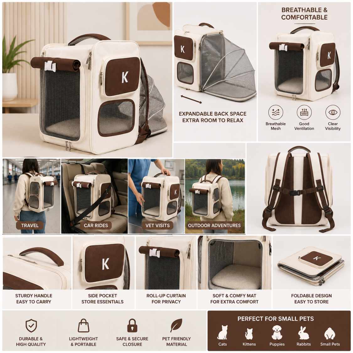 Expandable Cat Carrier Backpack | Brown Pet Travel Bag