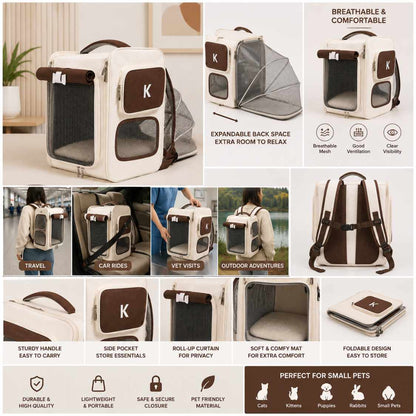 Expandable Cat Carrier Backpack | Brown Pet Travel Bag