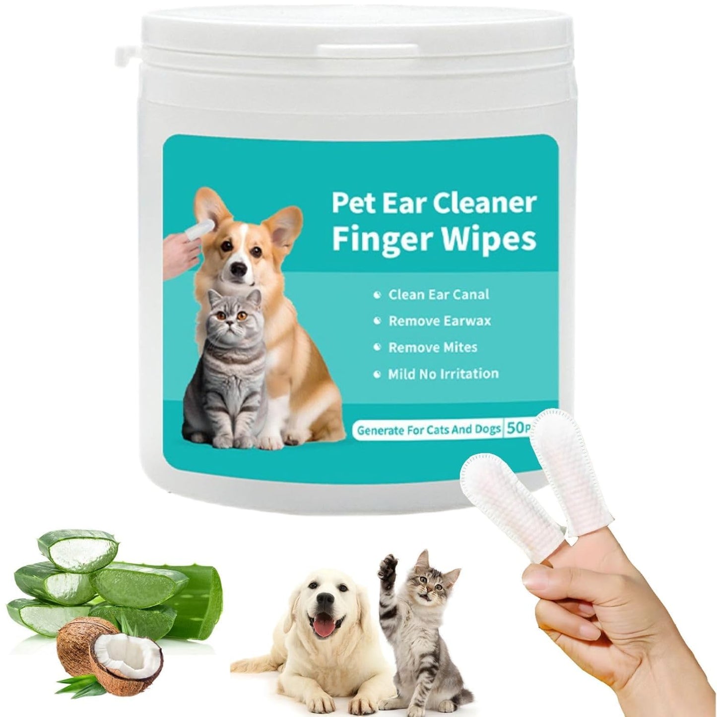 Pet Ear Cleaner Finger Wipes – 50pcs | Removes Earwax, Dirt & Mites for Dogs & Cats