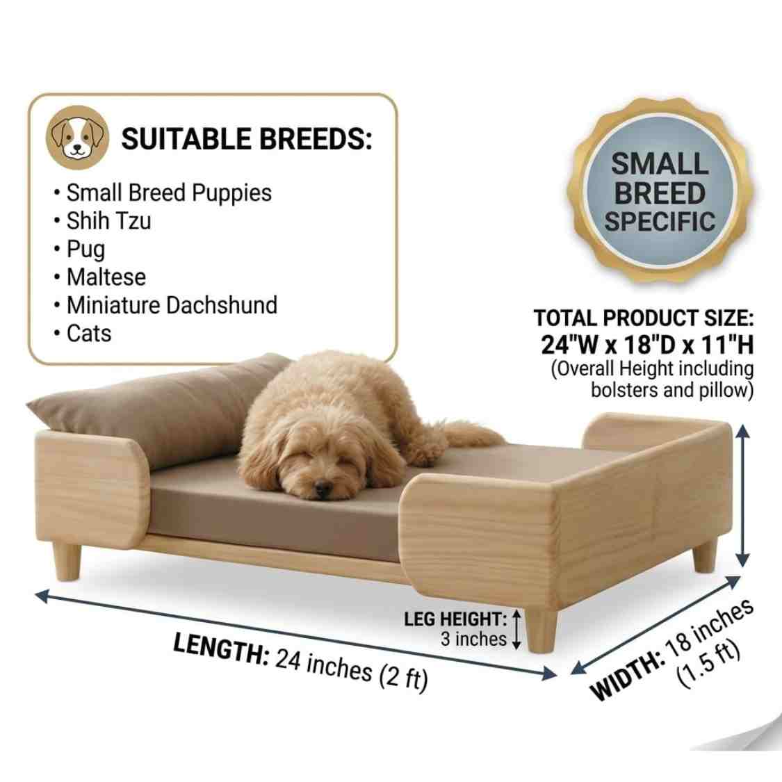 Luxury Wooden Pet Bed For Small Dogs & Cats With Soft Cushion & Mattress