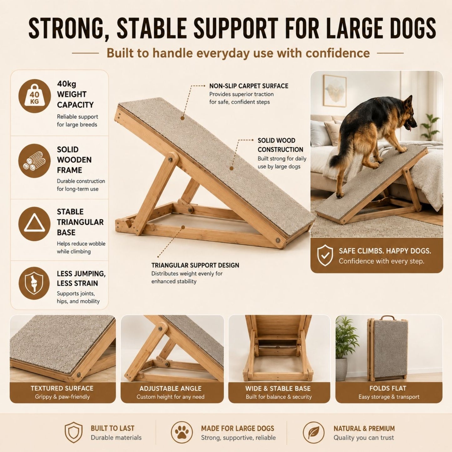 Foldable Pet Ramp for Dogs & Cats – Anti-Slip Wooden Ramp for Large Dogs