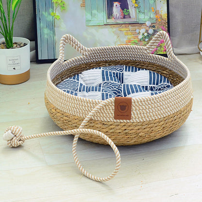 All Season Straw Cat Nest | Breathable Woven Pet Bed
