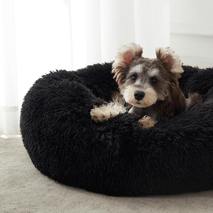 Round Donut Pet Bed for Cats & Dogs, Soft & Washable (Black)