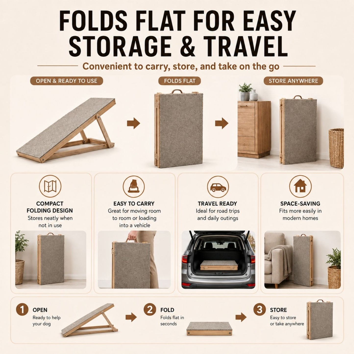 Foldable Pet Ramp for Dogs & Cats – Anti-Slip Wooden Ramp for Large Dogs