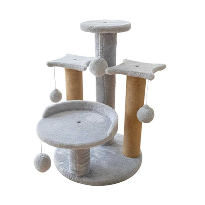 Multi-Level Play Cat Tree, Grey and Natural Sisal, 17 Inch Height with Plush Platforms, Scratching Posts, Hanging Balls, Indoor Activity Tower