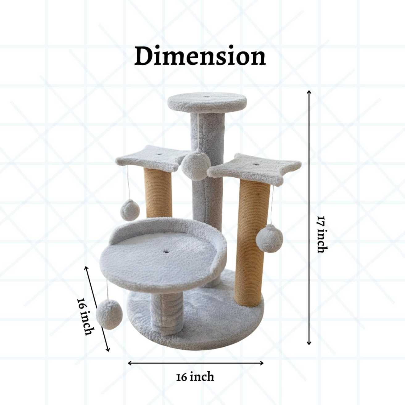 Multi-Level Play Cat Tree, Grey and Natural Sisal, 17 Inch Height with Plush Platforms, Scratching Posts, Hanging Balls, Indoor Activity Tower