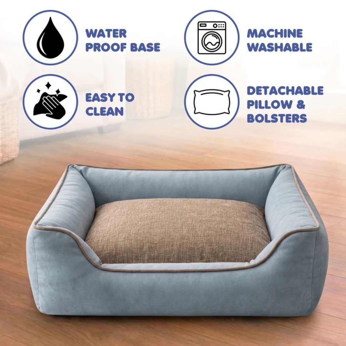 Orthopaedic Pet Bed With Bolster | Washable Anti Slip Dog & Cat Sofa Bed