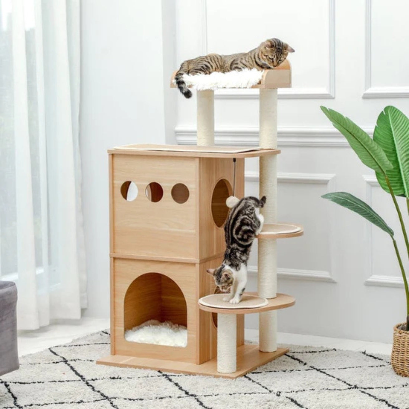 Wooden Multi-Level Cat Tower Scratching Posts and Perches for Indoor Cats