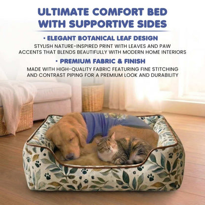Luxury Leaf Print Dog Bed With Bolsters | Washable Anti Slip & Durable