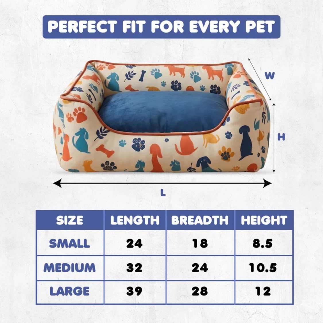 Dog Print Orthopaedic Pet Bed With Bolster | Washable Anti Slip Sofa Bed