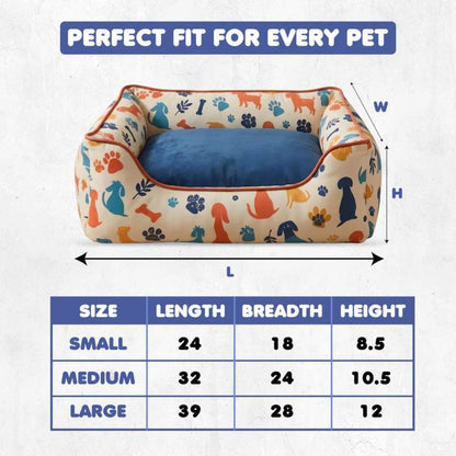 Dog Print Orthopaedic Pet Bed With Bolster | Washable Anti Slip Sofa Bed