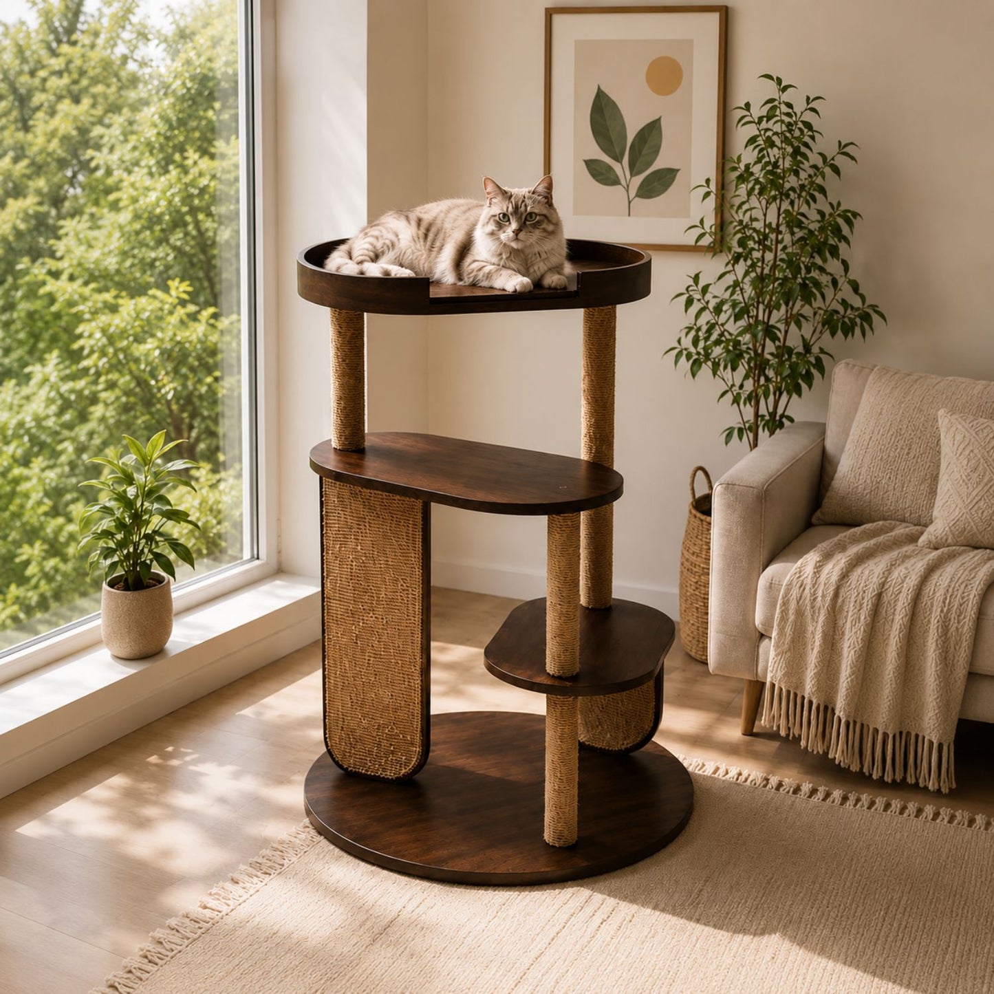 PurrVista Premium Wooden Cat Tree for Large Cats | Multi-Level Cat Furniture with Sisal Jute Scratcher