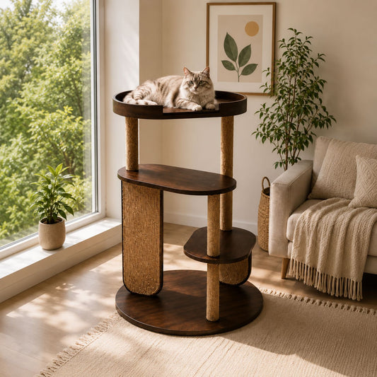 PurrVista Premium Wooden Cat Tree for Large Cats | Multi-Level Cat Furniture with Sisal Jute Scratcher