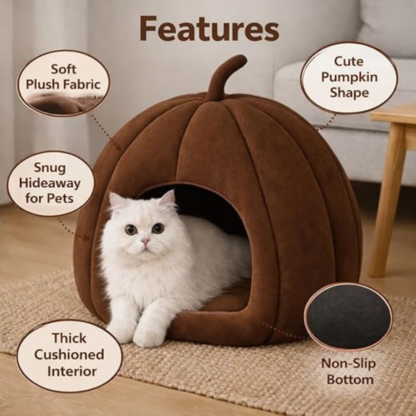 Summer Cat House – Portable 2-in-1 Cat Bed with Removable Cushion (Pumpkin Shape, Brown)