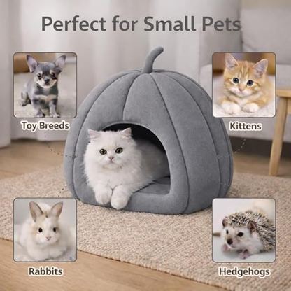 Pumpkin Shape Cat Bed Cave (Grey) | Portable 2-in-1 Washable Pet House