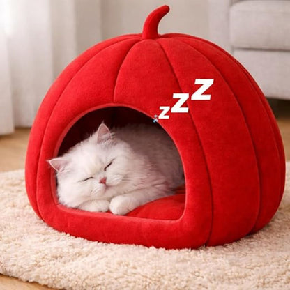 Pumpkin Shape Cat Bed Cave (Red) | Portable Washable Pet House
