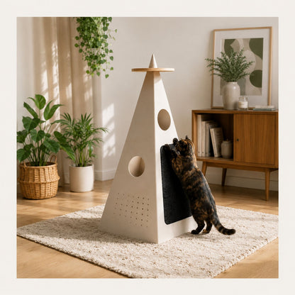 Wooden Cat Tower | Modern Cat Tree with Scratcher & Hideout