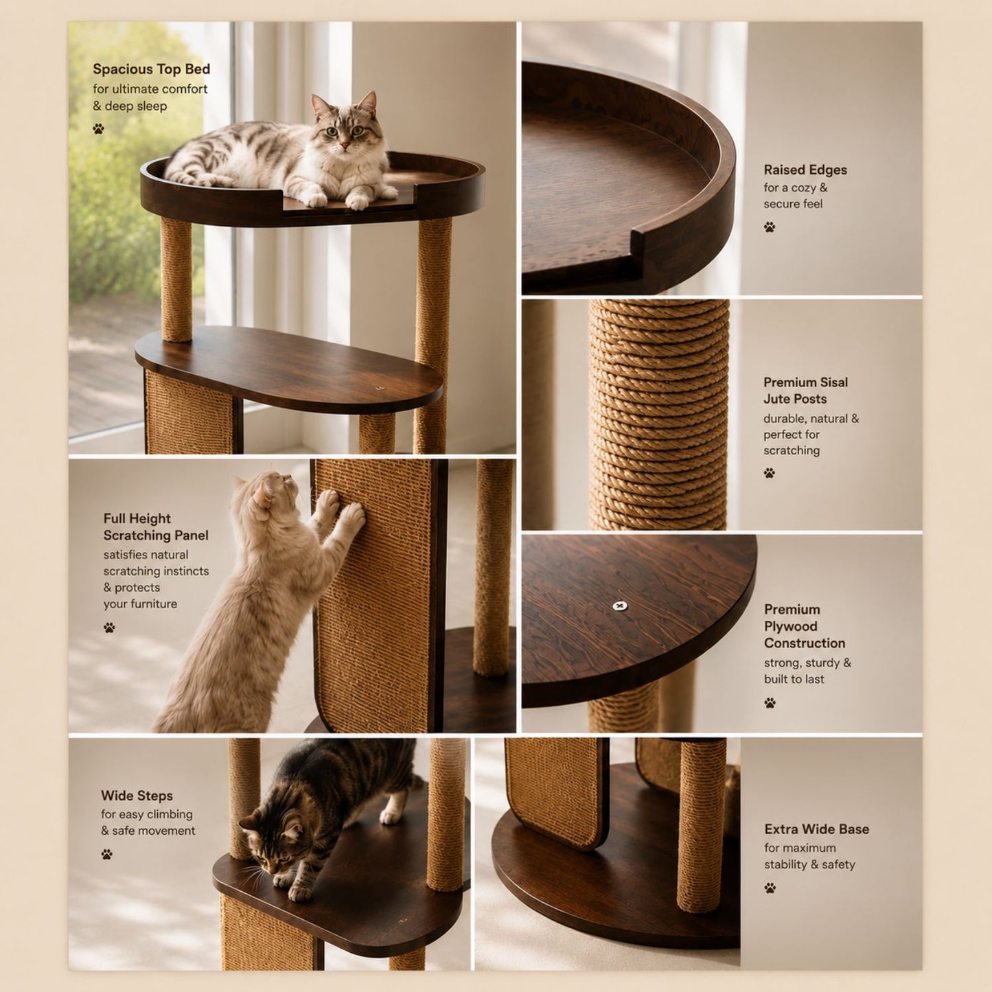 PurrVista Premium Wooden Cat Tree for Large Cats | Multi-Level Cat Furniture with Sisal Jute Scratcher