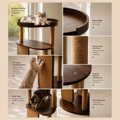 PurrVista Premium Wooden Cat Tree for Large Cats | Multi-Level Cat Furniture with Sisal Jute Scratcher