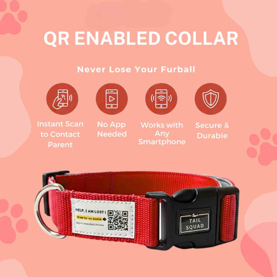 Pet Collar With QR Code | Smart ID Safety Collar For Dogs (Red)