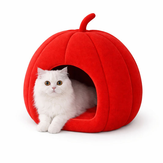 Pumpkin Shape Cat Bed Cave (Red) | Portable Washable Pet House