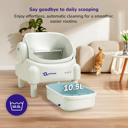 Automatic robotic cat litter box with a 10.5L large waste capacity drawer infographic.