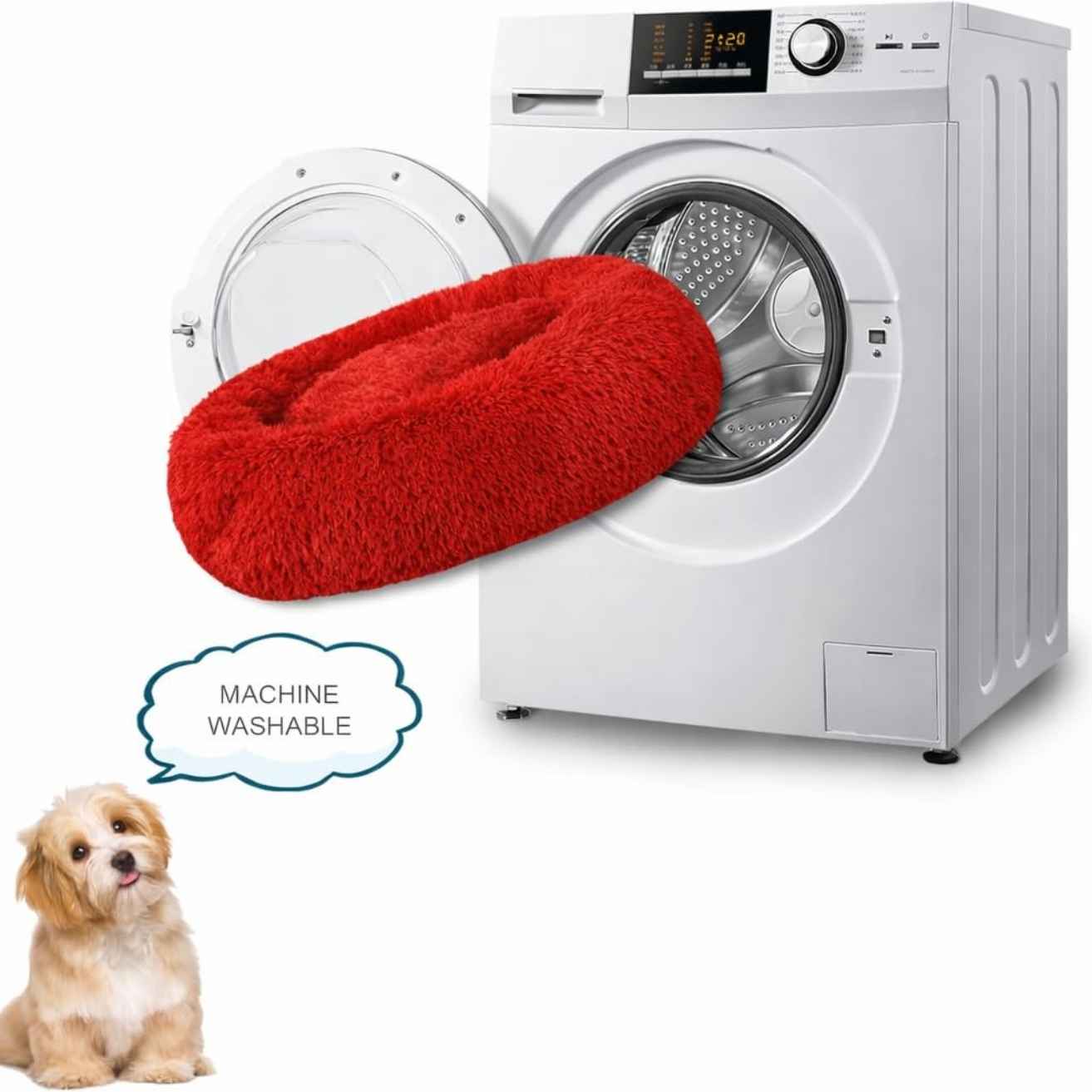 Calming Donut Dog & Cat Bed | Fluffy Plush Washable Anti Slip (Red)