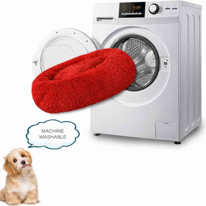 Calming Donut Dog & Cat Bed | Fluffy Plush Washable Anti Slip (Red)