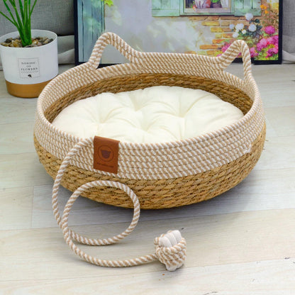 All Season Straw Cat Nest | Breathable Woven Pet Bed