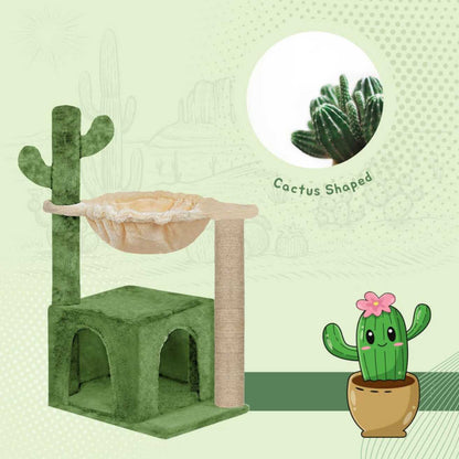 Soft Fur Condo Activity Cat Tree - Jute Rope Scratching Post, Hanging Ball, Hammock, Suitable for Small Cats (Condo 16 x 16 Inch) (Height 38 Inch) (Large) (Cactus)